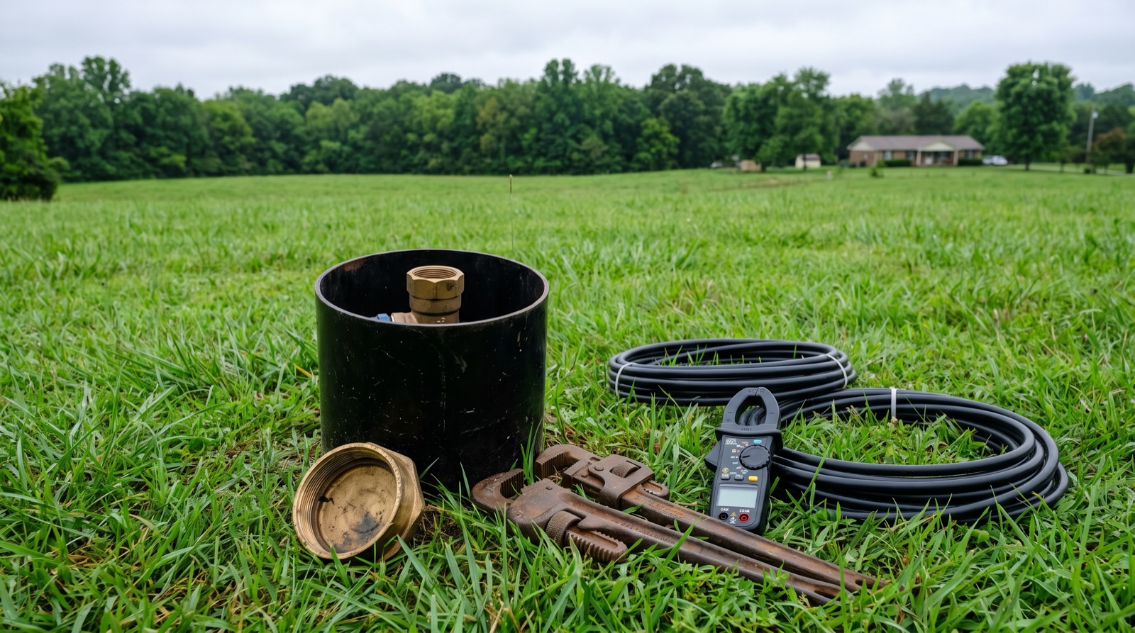 An open well head with the pitless adapter exposed on a rural Middle Tennessee property, service tools laid out on the grass beside the casing