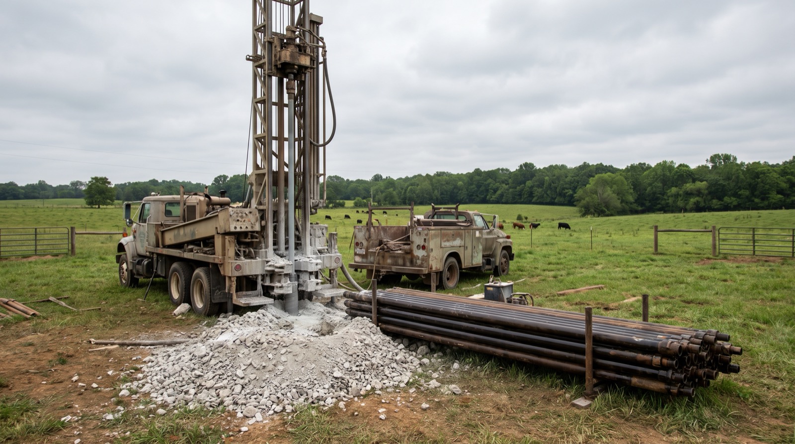 A water well drilling rig set up on a rural Middle Tennessee property